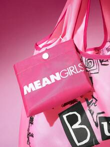 Mean Girls | SHEIN 1个可爱卡通人物印花涤纶面料可折叠购物袋/手提袋，带珠链小收纳袋，可挂在包上，可焚烧书籍 - 淺粉色 - 查看 7