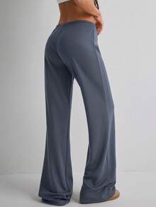 Women's Casual Solid Color Long Straight Leg Pants With Medium Stretch - Dark Blue - View 4