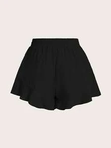 Elaquor Plus Size Solid Color Shorts With French Ruffle Hem - Black - View 8