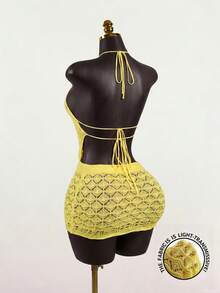 SaltGleam SaltGleam Setelan 2 Potong Atasan Tank Top Rajut Halter Transparan dan Rok Rajut dengan Tali Pinggang untuk Wanita - Kuning muda - View 2