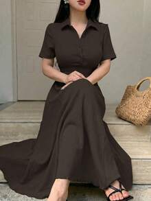 Modelyn Women's Solid Color Knit Mid-Length Dress Coffee Brown Polo Collar Textured Midi Dress Textured Crinkle Fabric Two-Way Stretch Spandex Summer Dress - Khaki - View 5