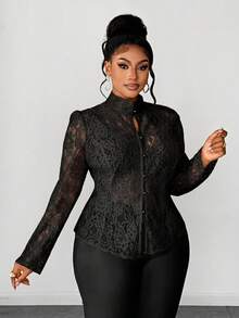 Maweii Plus Size Sexy Sheer Lace Front Button Long Sleeve Shirt, Summer - Black - View 3