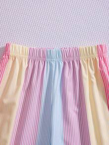SHEIN Setelan 2 Potong Atasan Camisole dan Celana Panjang Lebar Motif Garis Pelangi Manis untuk Anak Perempuan Remaja, Gaya Liburan Musim Panas yang Segar - MultiWarna - View 6