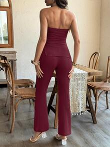 SHEIN 2pcs Maternity Solid Color Tube Top & Split Leg Pants Set - Burgundy - View 2