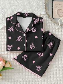 Tween Mädchen Pyjama-Set mit 2 Stücken, bequemer und modischer Webstoff mit Schmetterling-, Kirsch- und Herzdrucken, Kurzarmoberteil und Shorts, Sommer - Pink - Übersicht 2