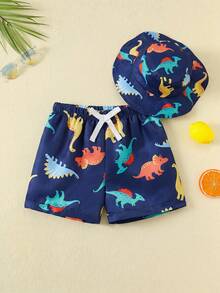 SHEIN Bộ đồ bơi và mũ cho bé trai in hình hoạt hình, có dây rút ở eo, thích hợp cho kỳ nghỉ hè và đi biển. - Nhiều màu - Xem 5
