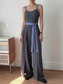 DAZY Women's Summer Casual Vacation Daily Commute Colorblock Belted Camisole Wide Leg Jumpsuit - Blue - View 4