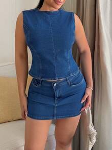 Maria Perezxox 時尚休閒女款優雅無袖上衣搭配牛仔裙套裝 夏季 - 中等水洗藍 - 查看 6