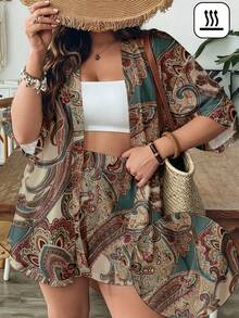SHEIN VCAY Casual Retro Paisley Retro Pattern Loose Plus Size 2 Pieces Set, Suitable For Summer Beach Bussines Vacation Vacation Beige - Multicolor - View 3