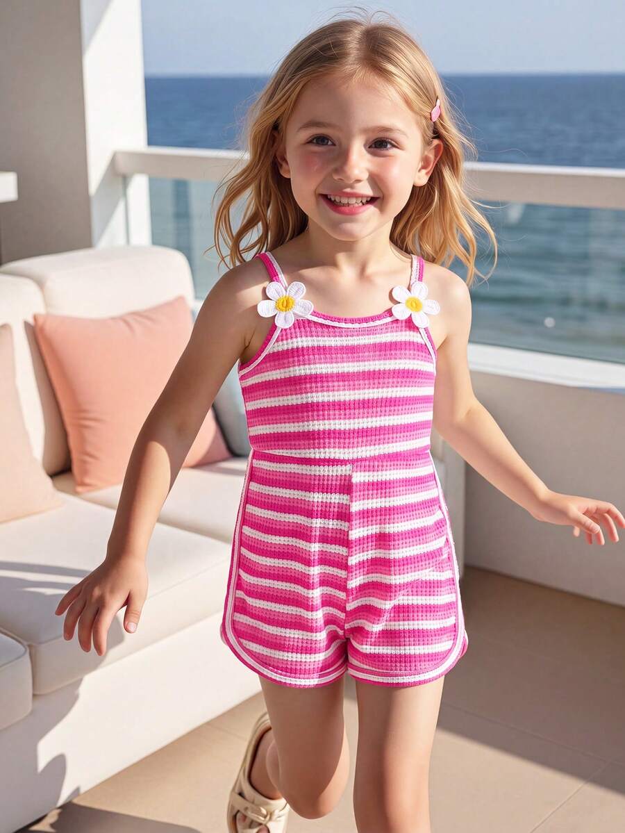 SHEIN Elladie kids 女童夏季新款简约橙白条纹拼接连体裤,花卉装饰休闲运动风连体衣 - 玫紅色 - 查看 1