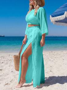 Swim Lushoire Plus Size Loose Kimono Cover Up Set, Vacation Style - Blue - View 4