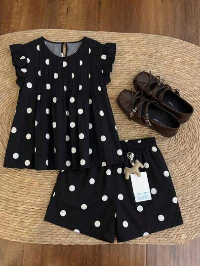 Elaquor Plus Size Women Polka Dot Print Ruffle Blouse And Casual Shorts 2 Piece Set Polka Dot 2 Piece Set Girls Summer Outfit Sets Polka Dots Sets Dot Clothes Gril Clothes
