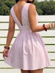 SHEIN EZwear Woven Sleeveless White And Pink Mini Dress For Women Vacation Summer Bohemian Boho Festive Romantic - Pink - View 2