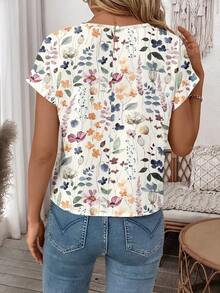 EMERY ROSE Plus Size Women's Summer Casual Vacation Style Country Floral All-Over Print Loose Short Sleeve Blouse, Suitable For Country Music Concerts - Multicolor - View 3