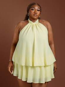CurvyTilda Vestido mini elegante amarillo claro con cuello halter, cintura anudada, holgado, con volantes en el bajo, talla grande para mujer, para fiesta de verano, para Body de reloj de arena - Amarillo - Ver 4