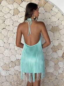 Aloruh Women's Spring/Summer Spaghetti Strap Deep V Neck Fringe Decor Asymmetrical Hem Mini Dress Party Teal Blue,Graduation Dress - Mint Blue - View 2
