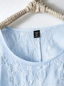 SHEIN LUNE CURVE 大码女式春夏刺绣无袖圆领修身背心，百搭时尚 - 藍色 - 查看 4