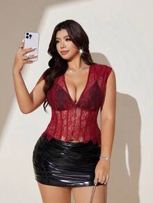 Viva Relle Damen Große Größen Rotes Spitzen-Transparent-Korsett-Top, Ärmellos V-Ausschnitt Blumen-Mesh-Bustier, sexy figurbetontes Spitzen-Top für Clubwear, Ausgehen & Layering - Bordeaux - Übersicht 4