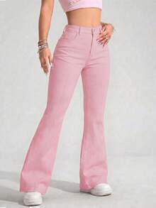 SHEIN PETITE Quần jean ống loe nữ cài nút, kiểu dáng thường ngày, đa năng. - Hồng - Xem 3