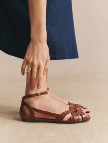 Rosivie Women's Woven Hollow Sandals, Square Toe Retro Roman Style, Patent Leather Brown One-Button Flat Sandals, Daily Commuter Vacation Beach Shoes Summer Shoes - Lacquer brown - View 4