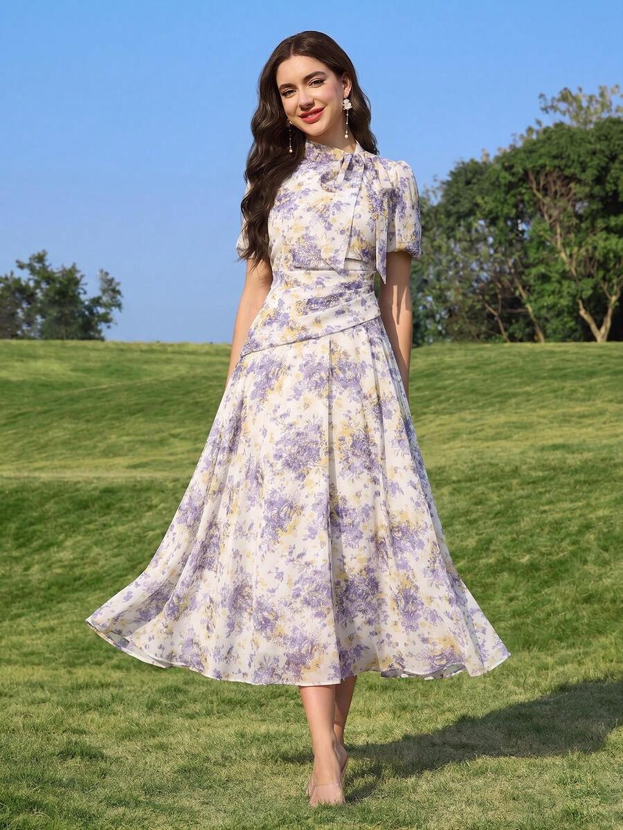 Modelyn 女款領結花卉印花優雅抓皺腰褶皺洋裝 - 彩色 - 查看 1