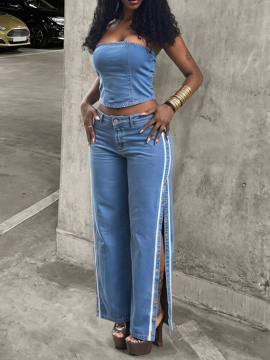 StreetHx Conjunto de top corto de denim estilo casual y jeans de pierna ancha con botones a los lados y rayas en contraste, para primavera/verano - Lavado ligero - Ver 1