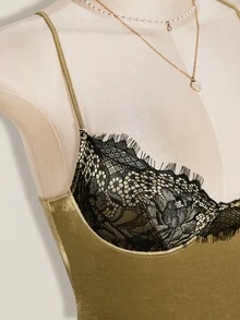 SHEIN ICON 女款對比蕾絲貼身金色性感細肩帶迷你洋裝 - 金色 - 查看 7