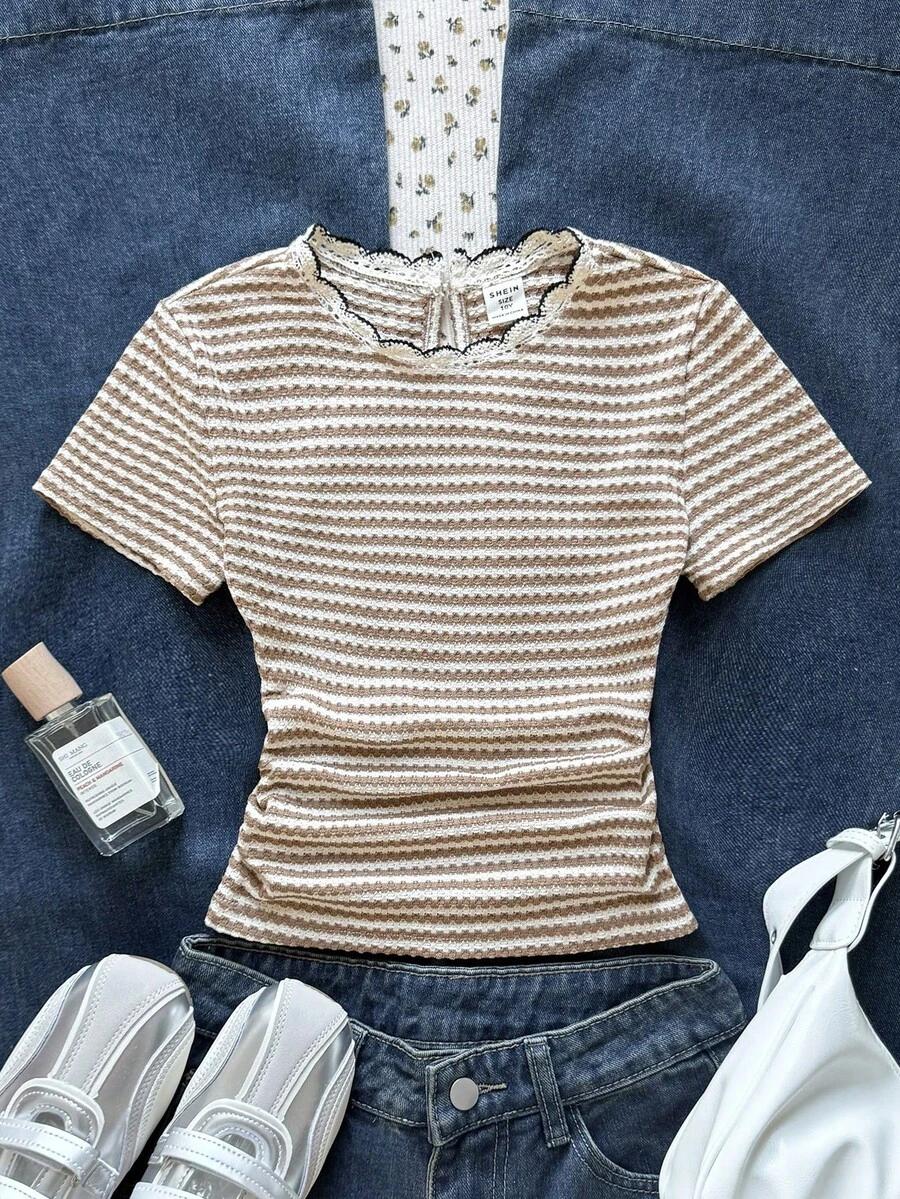 SHEIN Tween Girls' Knit Casual Minimalist Striped Textured Cropped Top, Suitable For Spring/Summer, Casual, Personalized Styling, Everyday Wear - Khaki - View 1