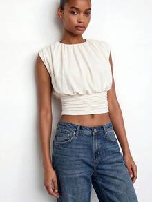 Maija Áo tank top nữ màu trơn cổ tròn xếp ly phong cách thường ngày, xuân/hè - trắng - Xem 6