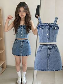 SHEIN Sparklyn 少女街头风牛仔套装，春夏款，浅蓝色牛仔布，吊带背心配有纽扣和假口袋设计，搭配浅蓝色牛仔A字迷你裙，面料柔软舒适，时尚百搭，适合户外穿着。 - 淺色水洗藍 - 查看 1