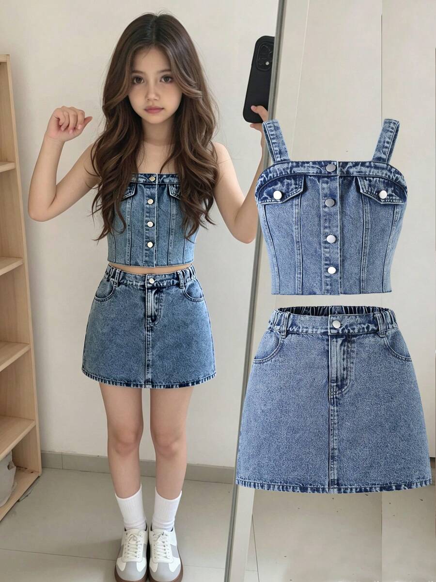 SHEIN Sparklyn 少女街头风牛仔套装,春夏款,浅蓝色牛仔布,吊带背心配有纽扣和假口袋设计,搭配浅蓝色牛仔A字迷你裙,面料柔软舒适,时尚百搭,适合户外穿着。 - 淺色水洗藍 - 查看 1