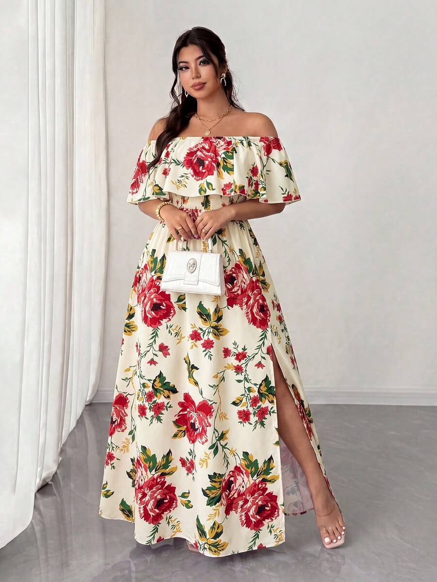 Elenzga Plus Size Women's Beige Summer Boho Vacation Wedding Guest Holiday Floral Print Off-Shoulder Ruffle Waist Pleated Maxi Dress For Dates - Multicolor - View 1