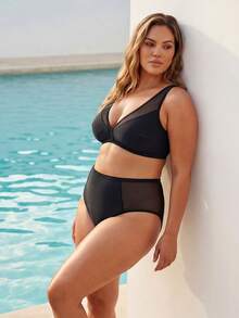 ELLERISSA Conjunto de bikini negro con paneles de malla para tallas grandes - Negro - Ver 5