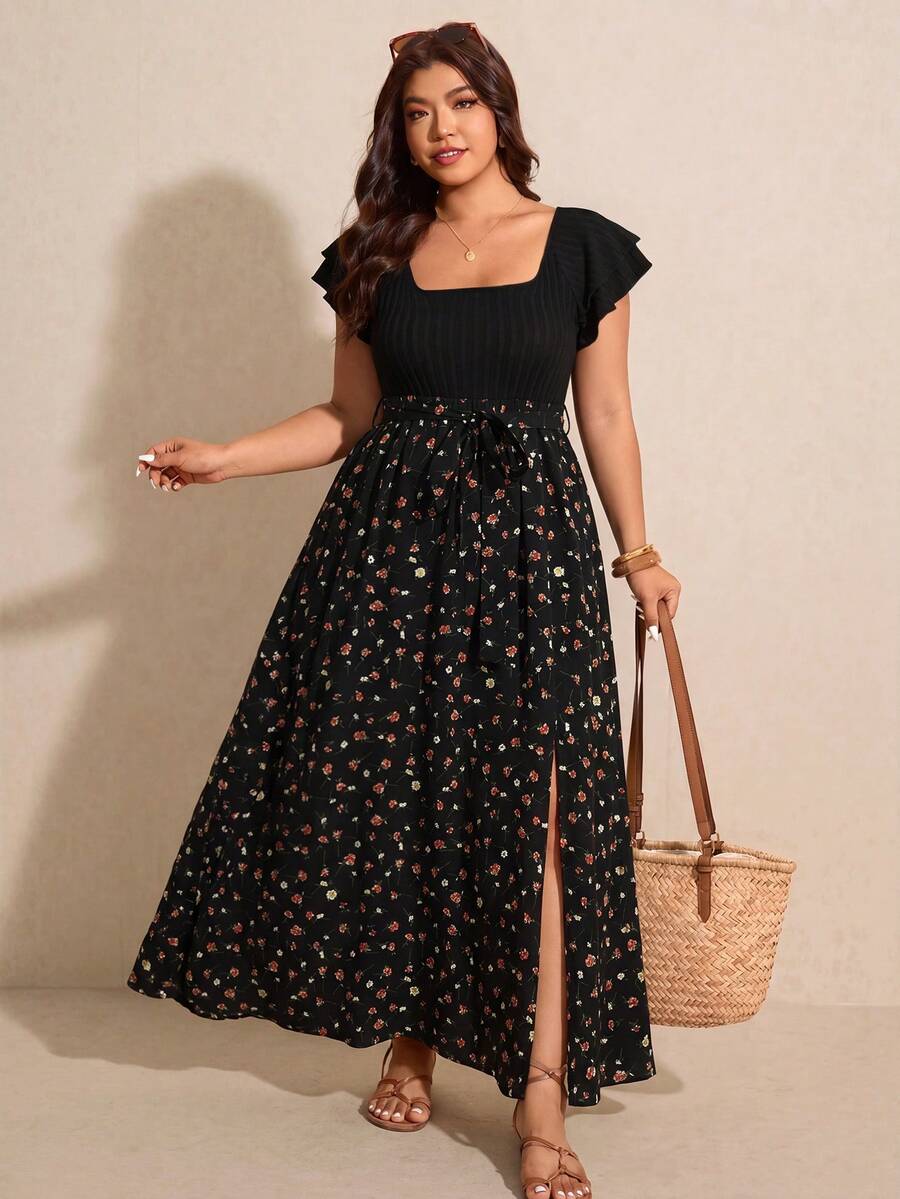 Elaquor Plus Size Women's Patchwork Ditsy Floral Square Collar Ruffle Sleeve Side Slit Hem Elegant Dress