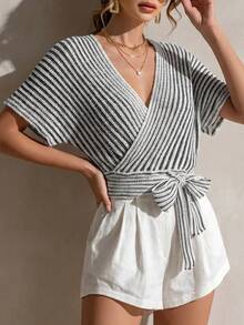 Balvessa Striped V-Neck Criss-Cross Wrap Tie Bow Knit Cropped Cardigan - Multicolor - View 6