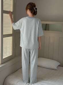 DAZY 少女条纹圆领苹果印花短袖上衣和阔腿裤休闲家居服套装（夏季款） - 藍色 - 查看 4