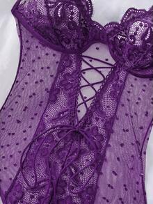SHEIN Plus Size Lace Patchwork Sexy Bodysuit - Purple - View 3