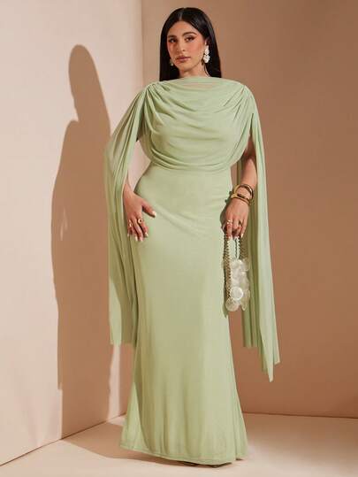SHEIN BAE CURVE Plus Size Women's Green Dress With Flowing Scarf,Elegant Women's Light Green Drape Neck Maxi Dress With Flowing Sleeves Perfect For Special Occasions
Women's Chic Sage Green Maxi Dress Featuring A Draped Cowl Neck And Graceful Cape Sleeves
Stylish Women's Light Green Formal Maxi Dress With Unique Draped Detail And Long Flowy Sleeves For Evening