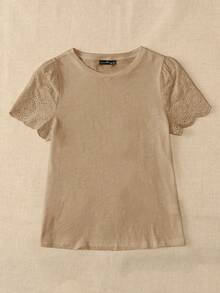 SHEIN LUNE 大码女式圆领镂空刺绣短袖休闲T恤 - Volcanic Gray - 查看 4