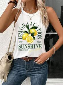 SHEIN LUNE 95%纯棉女士柠檬花卉标语印花度假柠檬图案无袖修身背心，适合夏季穿着 - 白色 - 查看 2