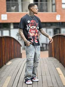 Devon Thys Punk Bär 3D Digital Muster Cartoon Bär Muster Herren T-Shirt, bequemes Kurzarm Pullover Top, Herren Outdoor Bekleidung - Rot - Übersicht 5