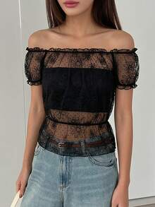 DAZY Women's Pastal Mesh Off-Shoulder Top Summer Golf Sexy Going Out Tops - Black - View 4
