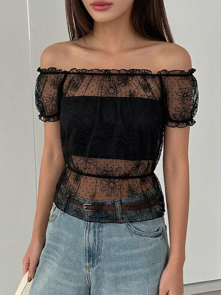 Women's Floral Polka Dot Mesh Off-Shoulder Top Summer