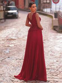 Aureia V-Neck Sequin Patchwork Pleated Hem Formal Evening Gown - Red - View 9