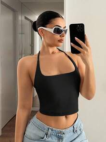 SHEIN ICON Tank Top Halter Neck Minimalis Kasual Warna Hitam, Cocok Untuk Musim Panas, Atasan Musim Panas - Hitam - View 4
