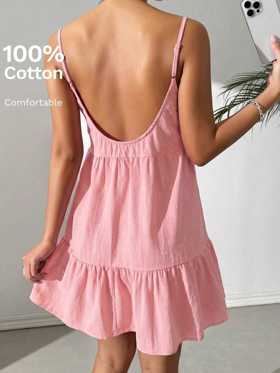 SHEIN EZwear 莲藕粉色休闲吊带露背荷叶边连衣裙 - 藕粉色 - 查看 1