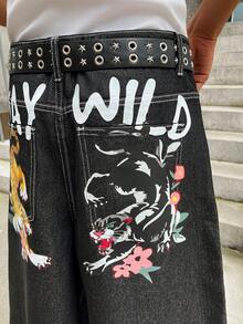 GALLERY FADE Men's Young Street Tiger & Letter Graphic Distressed Black Denim Capri Pants - Black - View 5