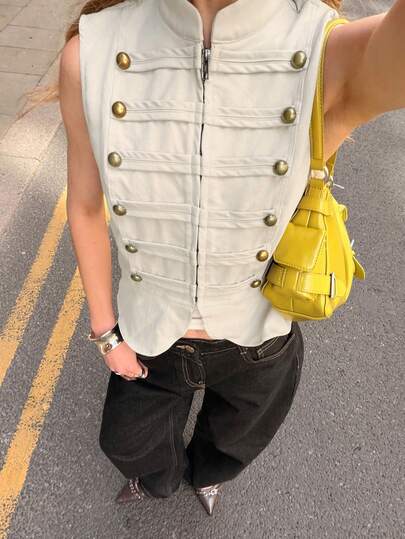 Muchica Light Khaki Fitted Zip-Front Napoleon/Military Jackets Vest For Women,,Summer Outfit For Women,Going Out,Country Concert Outfit,Summer Top
