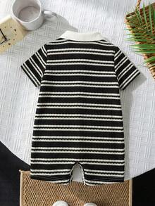 Newborn Baby Boy Black And White Striped Summer Casual Family Matching Cute Knitted Short Sleeve Romper,Birthday Party,Evening,Wedding,Baptism,Shower - Black and White - View 2