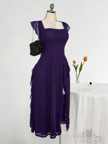SHEIN ICON Plus Size Square Neck Ruffle Trim Fitted Dress, Suitable For Wedding Parties, Wedding Guest Attire, Romantic Spring Outfit - Purple - View 9